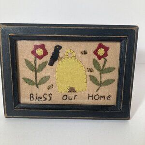 Vintage Bless‎ Our Home Framed Embroidered Applique BeeHive Bees Flowers 5 x 7